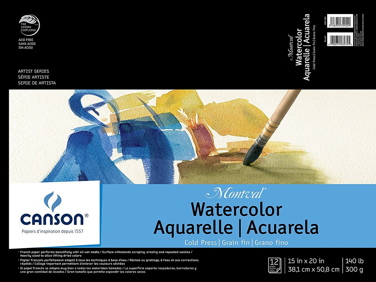 Canson - Artist Series Montval Watercolor Block, Field Sketch Book & Pad - Tape-Bound Pad (12 Sheet) - 15" x 20"